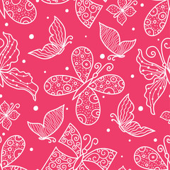 Pink background with butterfly. Vector seamless pattern.