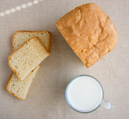 A glass of milk and pieces of white bread.