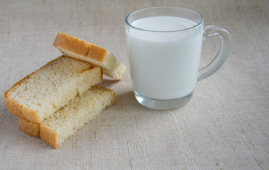 A glass of milk and pieces of white bread.