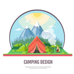 Flat style design of Mountains landscape and camping.