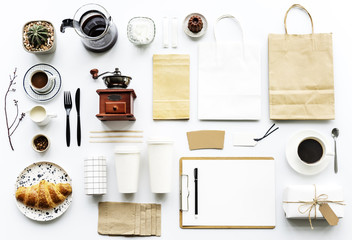 Aerial view of coffee setting on white table