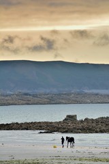 Une cavali&egrave;re prom&egrave;ne son cheval sur une plage de Bretagne en soir&eacute;e