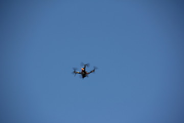 Fototapeta na wymiar Quadcopter, Drone in the sky of South Beach / South Pointe Beach, Miami, Florida, USA