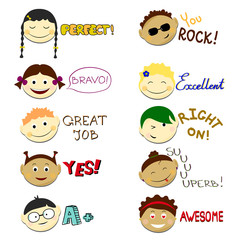 Kids face set vector illustration. Vector Achievement school Labels. Emoji portraits with various emotions hairstyle.
