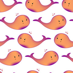 Gradient whale. Violet and orange background. Seamless pattern. Vector illustration.