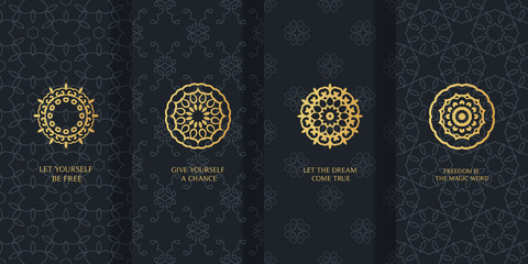 Collection of black backgrounds and golden geometric elements. Set of labels, icons, logos and seamless patterns. Templates with luxury foil for packaging
