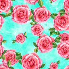 Seamless pattern with pink watercolor roses on teal