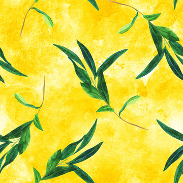 Seamless pattern with watercolor olive branch on golden
