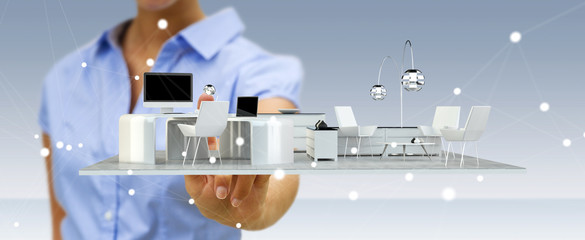 Businesswoman touching white 3D rendering apartment