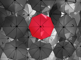 Bright red outstanding umbrella hanging among black umbrellas. Individuality and difference concept.