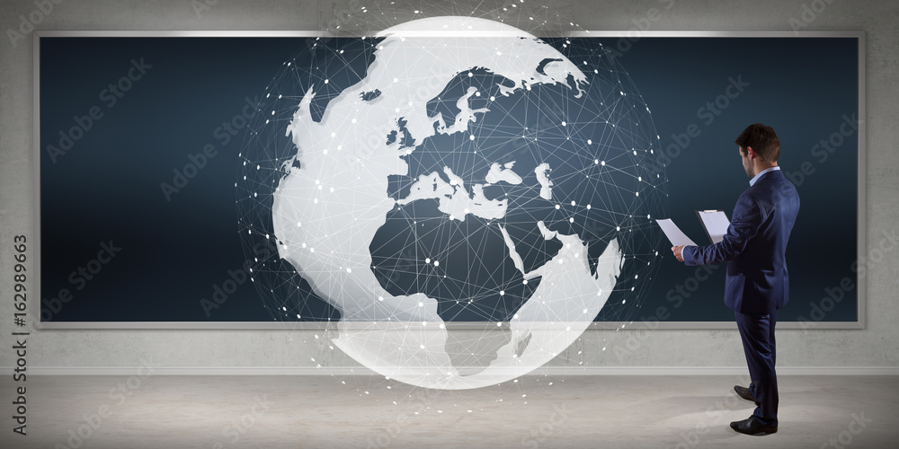 Poster Businessman using digital planet earth interface on a board 3D rendering