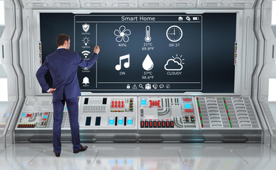 Businessman using smarthome interface on a board 3D rendering