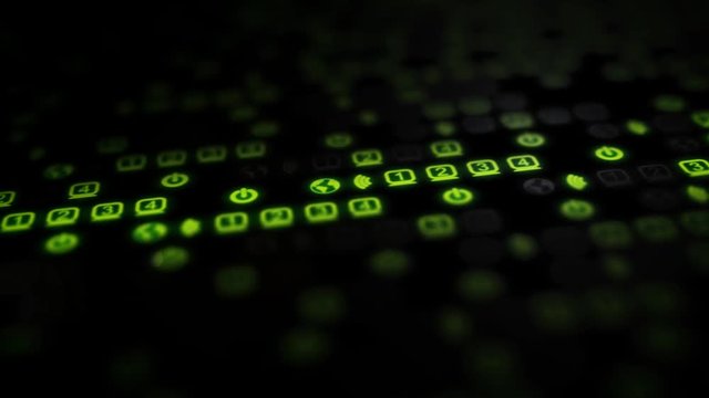 Green blinking lights of a router are moving along the screen, huge amount of data are being transferred all around the world.