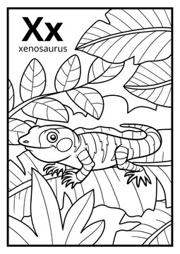 Coloring book, colorless alphabet. Letter X, xenosaurus