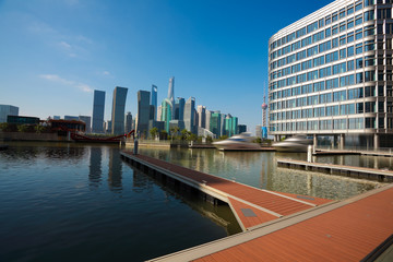 Naklejka premium Sunny sky at city building of Shanghai skyline