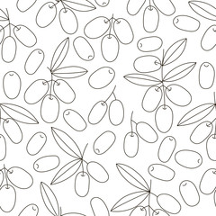 Olive branch seamless pattern, olive background hand drawn vector. Olives graphic. Mediterranean food wallpaper. Illustration for wrapping, wallpaper or print.