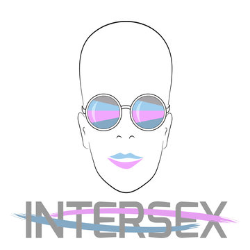 Stylized face with glasses using original colors for gay parade. Text Intersex.  Unconventional sexual orientation. Vector design