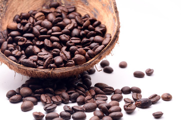 Organic Wood Roasted Coffee with coconut shell.