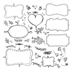 Vector illustration. Set of doodle frames. Floral decoration with birds