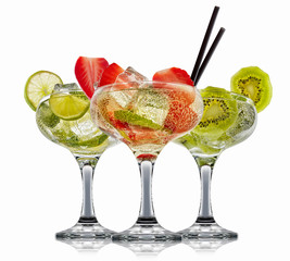 alcohol cocktail set on a white with fresh summer fruits