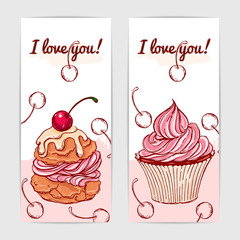 Cute vector gift cards with hand drawn cakes and berries.