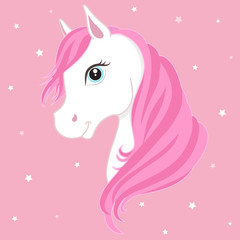 White pony head with pink mane. White horse.