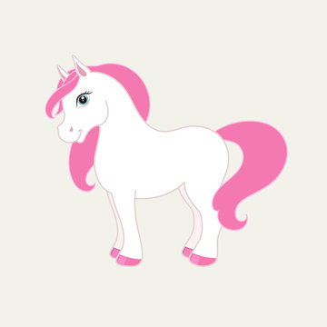 White vector pony with pink mane. T-shirt print illustration for children with horse.