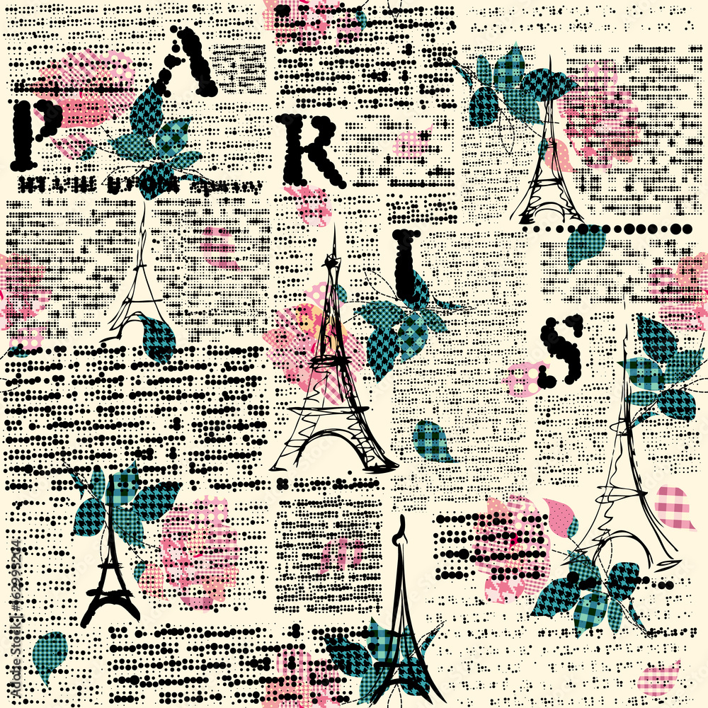 Poster seamless background pattern. imitation of a newspaper with halftone word of paris.
