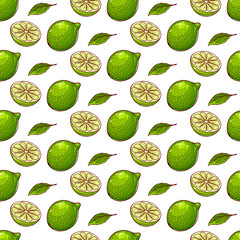 Pretty colorful seamless pattern made of ripe full and sliced limes.