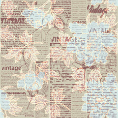 Seamless background pattern. Retro grunge pattern with a Vintage words and sketches of flowers. Halftone newspaper.