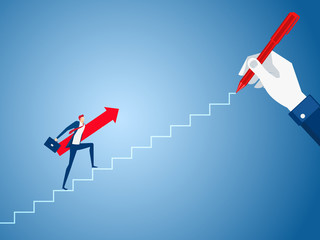 Businessman big hand drawing a line leading to the goal. Businessman with red arrow sign walking on the stairs step to success.
