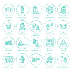Obraz premium Firefighting, fire safety equipment flat line icons. Firefighter, fire engine extinguisher, smoke detector, house, danger signs, firehose. Flame protection colored thin linear pictogram.