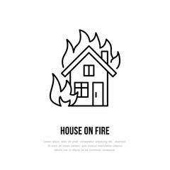 House on fire flat line sign for insurance service. Flame protection thin linear icon, pictogram. Black isolated on white background.