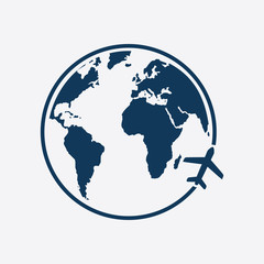 Airplane icon travel. Trip round the world. Flat design style.