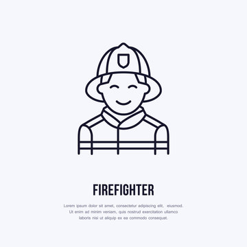 Firefighter flat line sign. Flame protection thin linear icon, pictogram. Smiling fire fighter vector isolated on white background.