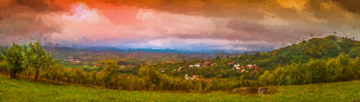 The village. Valea Plopului village, Prahova county, Romania. Modern oil painting illustration art 