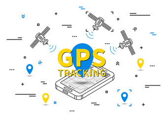 GPS tracking vector illustration. Tracking system with satellite graphic design. GPS navigation wireless technology line art concept.