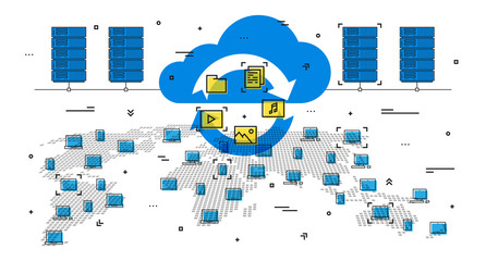 Worldwide cloud system vector illustration. Global communications graphic design. Data transfer and storage technology line art concept. Remote servers and computer network.