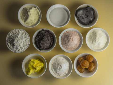 Collage of making pastries ingredient objects isolated on white, top view