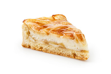 Close up of a single slice of apple pie isolated on white