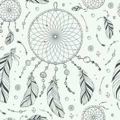 Wall murals Dream catcher Seamless Pattern / Print With Hand Drawn Native Indian / American Dream Catcher. Boho Style Vector Illustration.