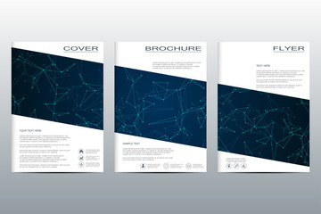 Brochure template layout, flyer, cover, annual report, magazine in A4 size. Structure of molecular particles and atom. Polygonal abstract background. Vector illustration