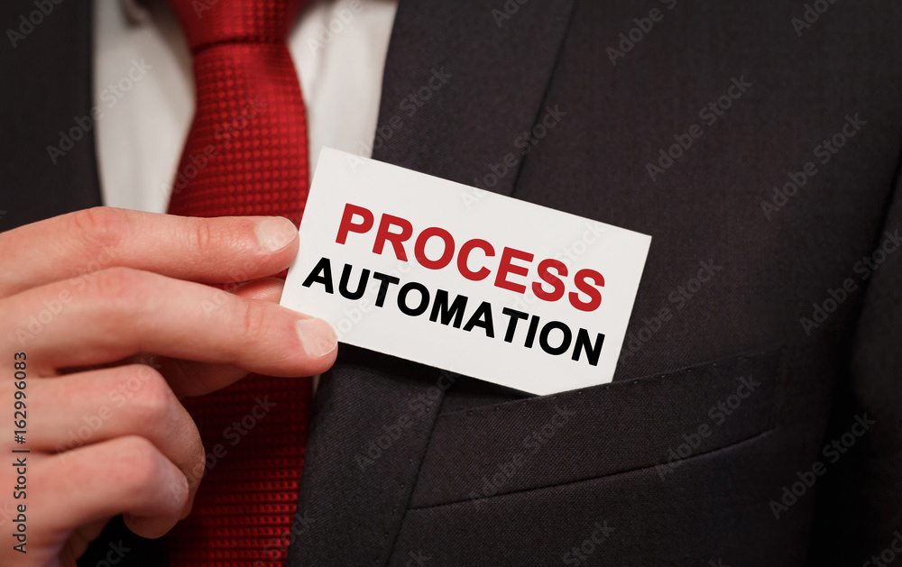 Poster businessman putting a card with text process automation in the pocket