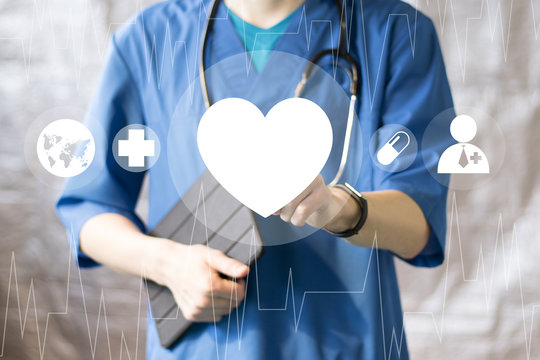 Doctor pushing button heart pulse virtual healthcare network on virtual panel sign