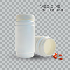 Blank medicine bottle and pills isolated on transparent background. Vector Illustration. Template for business