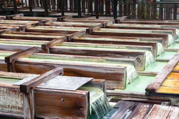 Wooden boxes with flowing mineral water in Kusatsu town, Japan