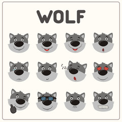 Emoticons set face of wolf in cartoon style. Collection isolated funny muzzle wolf with different emotion.