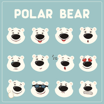 Emoticons set face of polar bear in cartoon style. Collection isolated funny muzzle polar bear with different emotion.