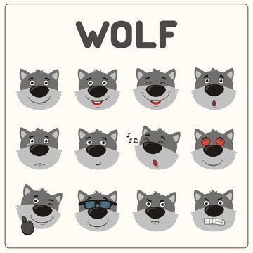 Emoticons set face of wolf in cartoon style. Collection isolated funny muzzle wolf with different emotion.