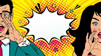 Wow faces. Handsome surprised man in glasses and sexy surprised woman with open mouths rising hands screaming announcement. Vector cartoon background in retro pop art comic style. Invitation poster. - 162996807